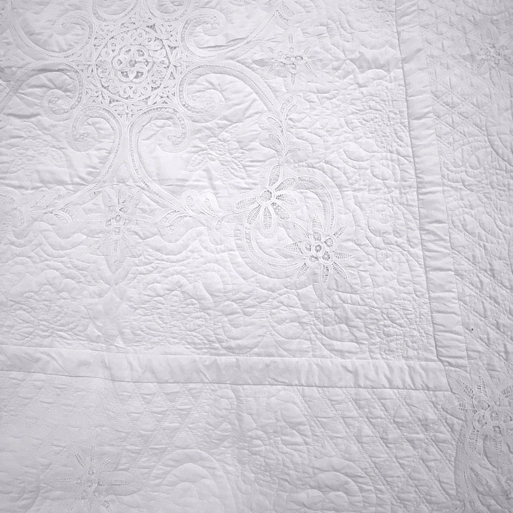 Vtg White Battenberg Lace Floral Machine Quilted Cotton Quilt Coverlet READ